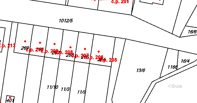 Roštění 205 na parcele st. 264 v KÚ Roštění, Katastrální mapa