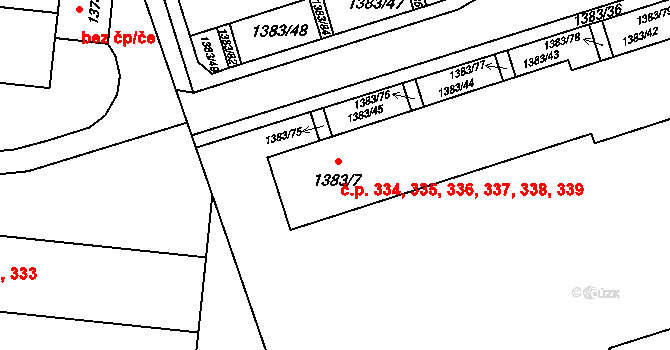 Moravský Krumlov 334,335,336,337,338, na parcele st. 1383/7 v KÚ Moravský Krumlov, Katastrální mapa