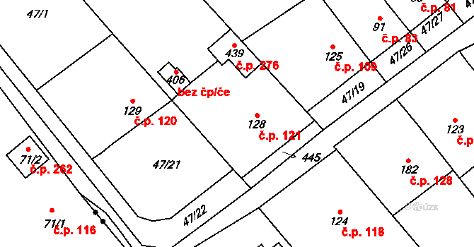 Přerov XI-Vinary 121, Přerov na parcele st. 128 v KÚ Vinary u Přerova, Katastrální mapa