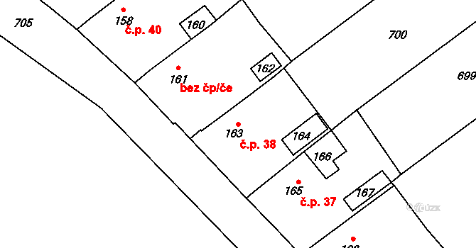 Zehuby 38, Žleby na parcele st. 163 v KÚ Zehuby, Katastrální mapa