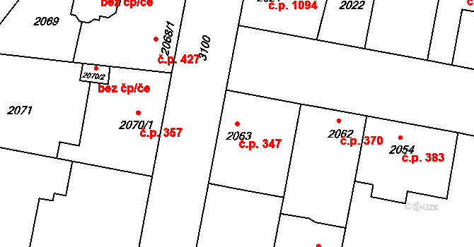 Čelákovice 347 na parcele st. 2063 v KÚ Čelákovice, Katastrální mapa