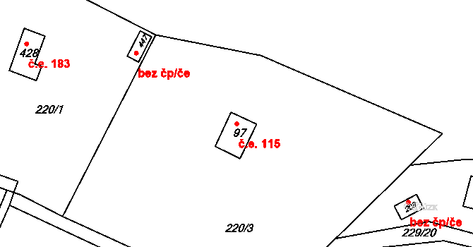 Hostěradice 115, Kamenný Přívoz na parcele st. 97 v KÚ Hostěradice, Katastrální mapa