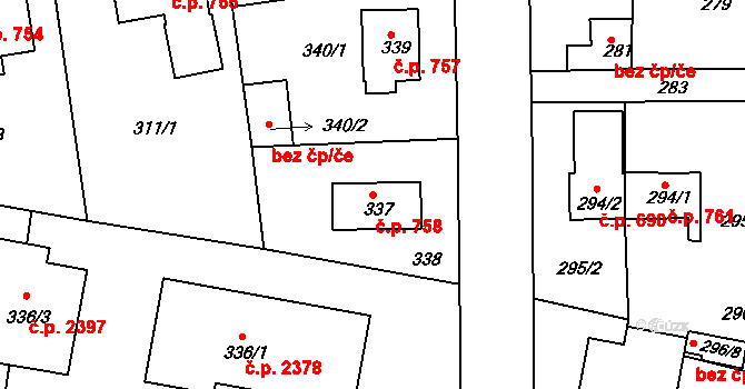 Roztoky 758 na parcele st. 337 v KÚ Roztoky u Prahy, Katastrální mapa