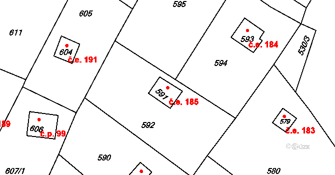 Březina 185 na parcele st. 591 v KÚ Březina u Tišnova, Katastrální mapa