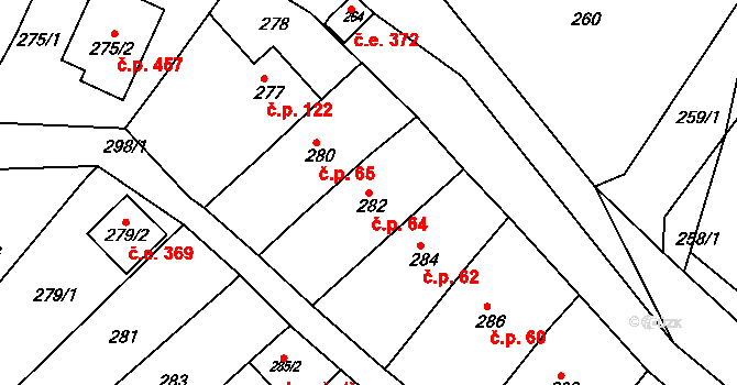 Popůvky 64 na parcele st. 282 v KÚ Popůvky u Brna, Katastrální mapa