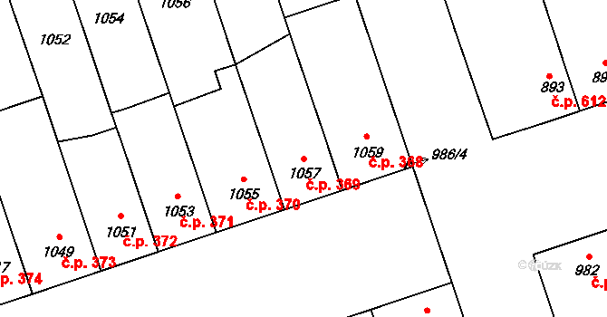Lužice 369 na parcele st. 1057 v KÚ Lužice u Hodonína, Katastrální mapa