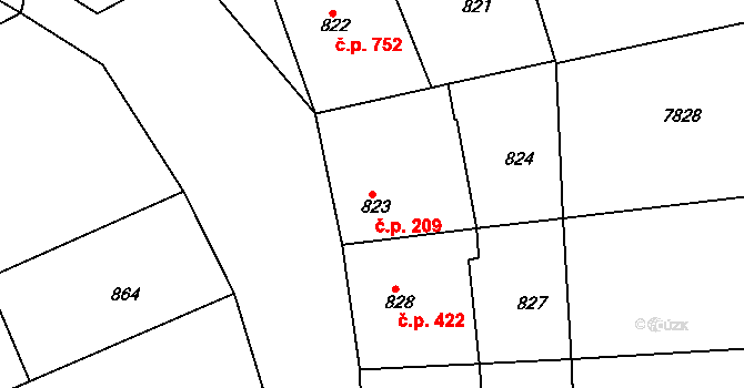 Šardice 209 na parcele st. 823 v KÚ Šardice, Katastrální mapa