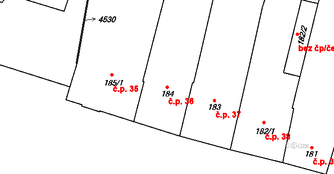 Kyjov 36 na parcele st. 184/1 v KÚ Kyjov, Katastrální mapa