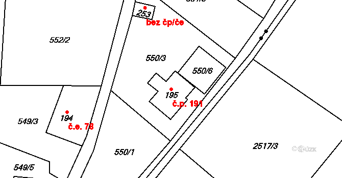 Zelená Hora 191, Kraslice na parcele st. 195 v KÚ Zelená Hora u Kraslic, Katastrální mapa