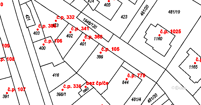 Třebechovice pod Orebem 105 na parcele st. 399 v KÚ Třebechovice pod Orebem, Katastrální mapa