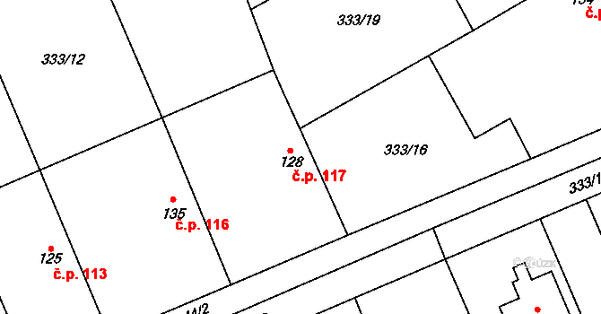 Chotělice 117, Smidary na parcele st. 128 v KÚ Chotělice, Katastrální mapa