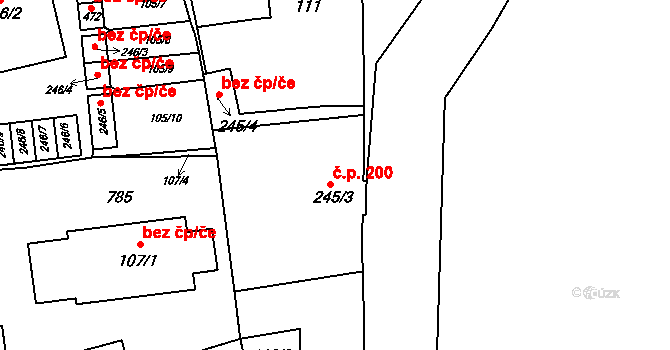 Dymokury 200 na parcele st. 245/3 v KÚ Dymokury, Katastrální mapa