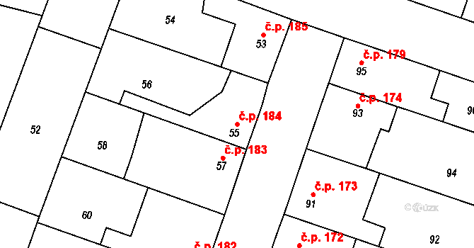 Kostomlaty nad Labem 184 na parcele st. 55 v KÚ Kostomlaty nad Labem, Katastrální mapa