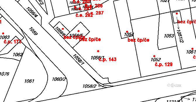 Miřetice u Klášterce nad Ohří 143, Klášterec nad Ohří na parcele st. 1056/1 v KÚ Miřetice u Klášterce nad Ohří, Katastrální mapa
