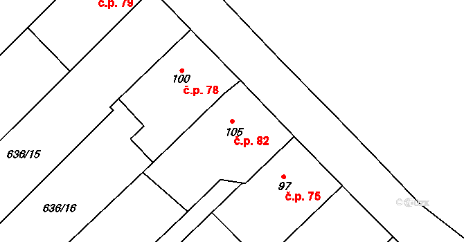 Kuroslepy 82 na parcele st. 105 v KÚ Kuroslepy, Katastrální mapa