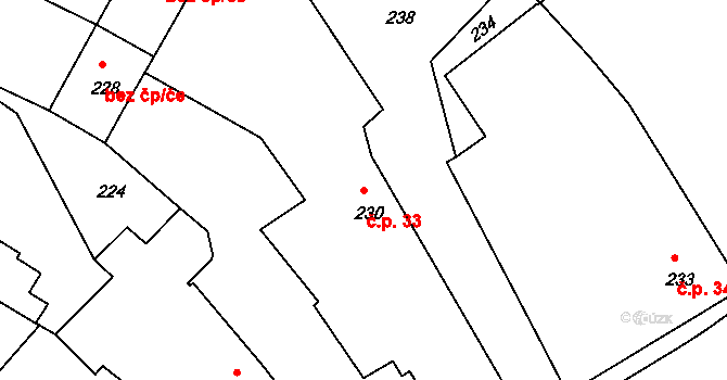 Lomy 33 na parcele st. 230 v KÚ Lomy u Jemnice, Katastrální mapa