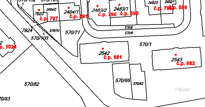 Borovina 681, Třebíč na parcele st. 2542 v KÚ Třebíč, Katastrální mapa