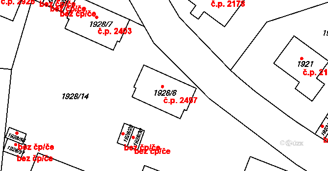 Teplice 2497 na parcele st. 1928/8 v KÚ Teplice, Katastrální mapa