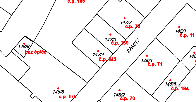 Střed 143, Rokycany na parcele st. 147/4 v KÚ Rokycany, Katastrální mapa