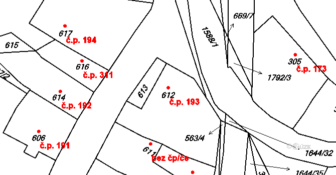 Hostomice 193 na parcele st. 612 v KÚ Hostomice pod Brdy, Katastrální mapa