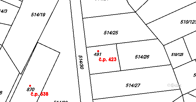 Sendražice 423, Kolín na parcele st. 491 v KÚ Sendražice u Kolína, Katastrální mapa