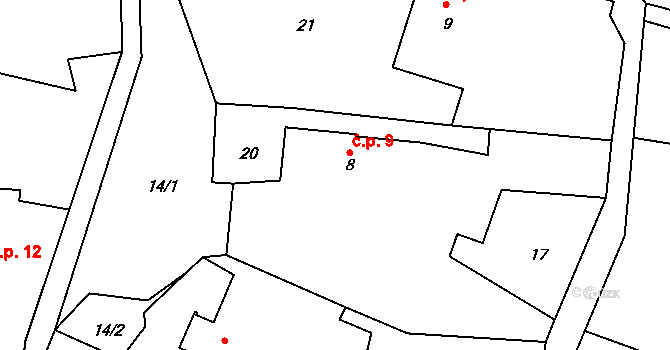 Proruby 9 na parcele st. 8 v KÚ Proruby u Potštejna, Katastrální mapa