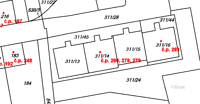 Radlice 278,279,280, Praha na parcele st. 311/14 v KÚ Radlice, Katastrální mapa