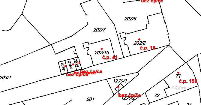 Nebušice 41, Praha na parcele st. 202/10 v KÚ Nebušice, Katastrální mapa