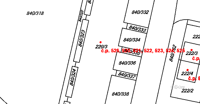 Bohnice 520,521,522,523,524,, Praha na parcele st. 220/3 v KÚ Bohnice, Katastrální mapa