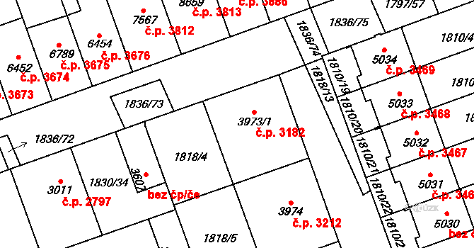 Hodonín 3182 na parcele st. 3973/1 v KÚ Hodonín, Katastrální mapa