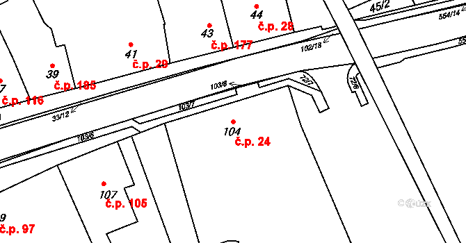 Malhostovice 24 na parcele st. 104 v KÚ Malhostovice, Katastrální mapa