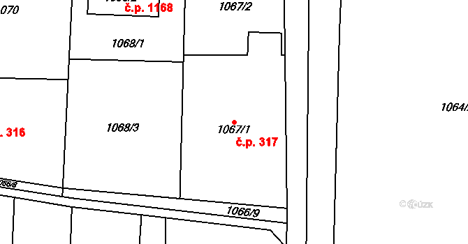 Bludovice 317, Havířov na parcele st. 1067/1 v KÚ Bludovice, Katastrální mapa