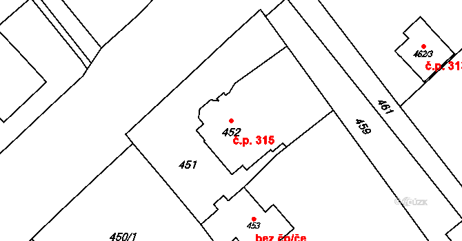 Dolní Suchá 315, Havířov na parcele st. 452 v KÚ Dolní Suchá, Katastrální mapa