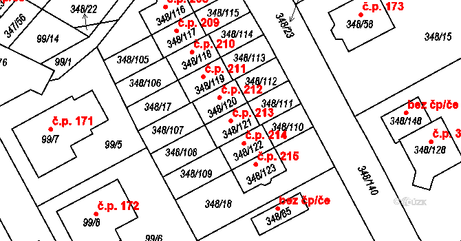 Jenišov 213 na parcele st. 348/121 v KÚ Jenišov, Katastrální mapa