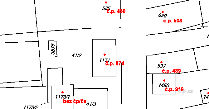 Tlumačov 874 na parcele st. 1171 v KÚ Tlumačov na Moravě, Katastrální mapa