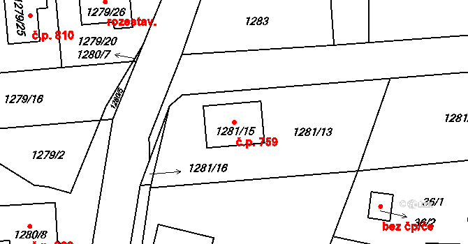 Tlučná 759 na parcele st. 1281/15 v KÚ Tlučná, Katastrální mapa