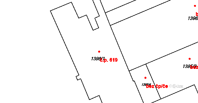 Tuchlovice 619 na parcele st. 1396/1 v KÚ Tuchlovice, Katastrální mapa