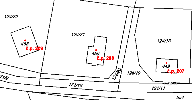 Tmaň 208 na parcele st. 450 v KÚ Tmaň, Katastrální mapa