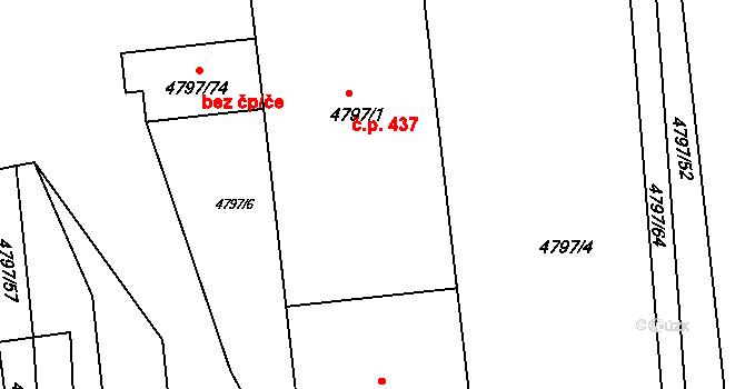 Lískovec 437, Frýdek-Místek na parcele st. 4797/1 v KÚ Lískovec u Frýdku-Místku, Katastrální mapa