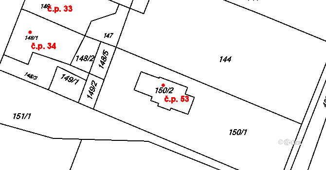 Pístov 53, Jihlava na parcele st. 150/2 v KÚ Pístov u Jihlavy, Katastrální mapa