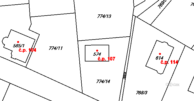 Svinaře 107 na parcele st. 574 v KÚ Svinaře, Katastrální mapa