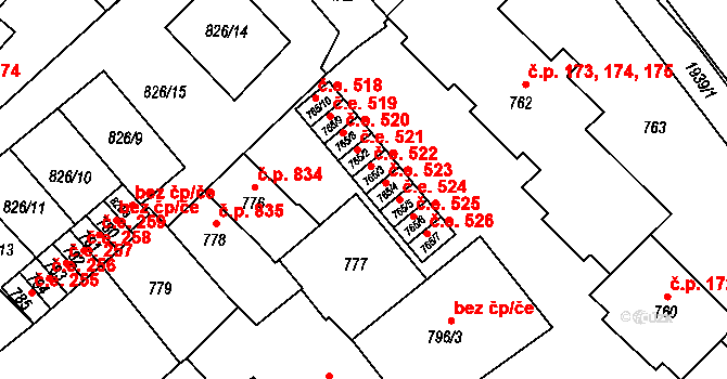 Bučovice 522 na parcele st. 765/3 v KÚ Bučovice, Katastrální mapa