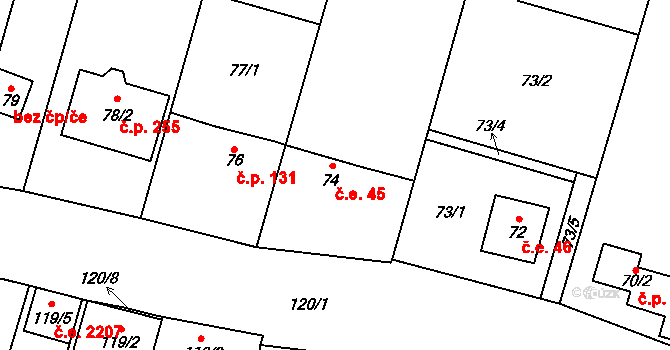 Čelkovice 45, Tábor na parcele st. 74 v KÚ Čelkovice, Katastrální mapa