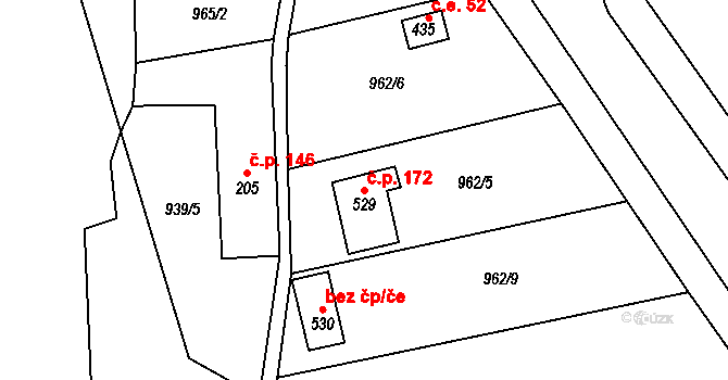 Lomnice 172 na parcele st. 529 v KÚ Lomnice u Tišnova, Katastrální mapa