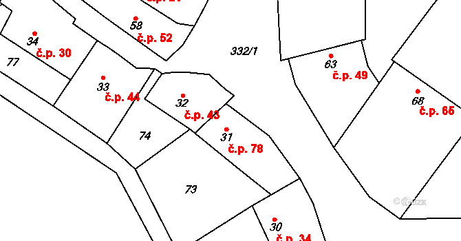 Hradenín 78, Plaňany na parcele st. 31 v KÚ Hradenín, Katastrální mapa