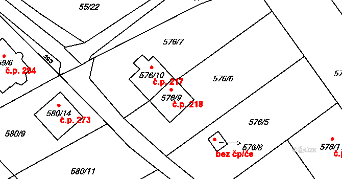 Jaroslavice 218, Zlín na parcele st. 576/9 v KÚ Jaroslavice u Zlína, Katastrální mapa