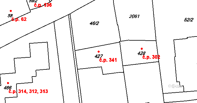 Louky 341, Zlín na parcele st. 427 v KÚ Louky nad Dřevnicí, Katastrální mapa