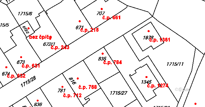 Kateřinky 784, Opava na parcele st. 835 v KÚ Kateřinky u Opavy, Katastrální mapa