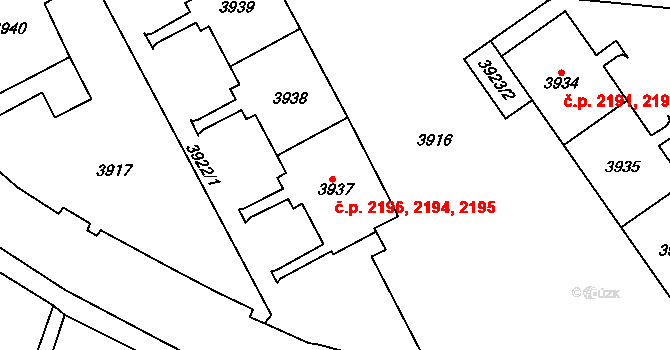 Most 2194,2195,2196 na parcele st. 3937 v KÚ Most II, Katastrální mapa