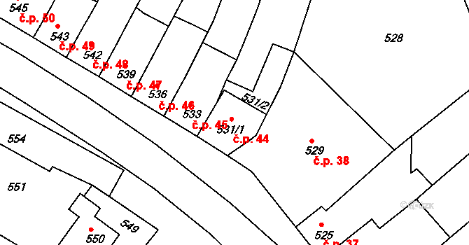 Mořice 44 na parcele st. 531/1 v KÚ Mořice, Katastrální mapa